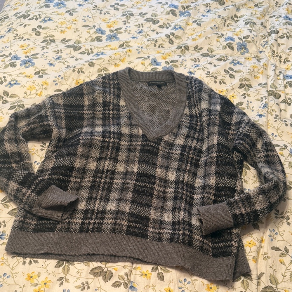 Banana Republic Gray and Black Plaid V-Neck Sweater